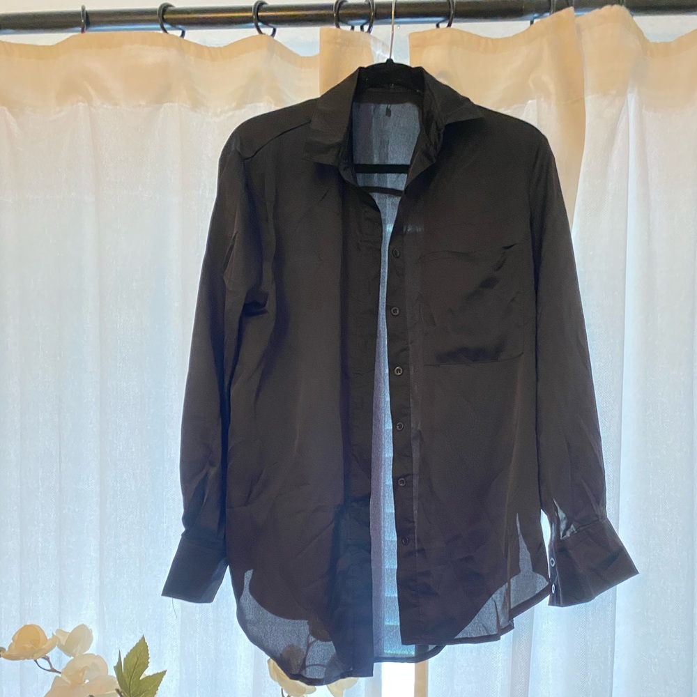 Black satin button up shirt